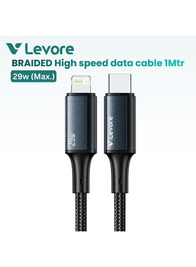 ليفور كابل LEVORE بطول 1 متر، مضفر من النايلون، بقدرة 29 واط، من نوع USB-C إلى Lightning، رقم الموديل LC8413-BL - Image 1